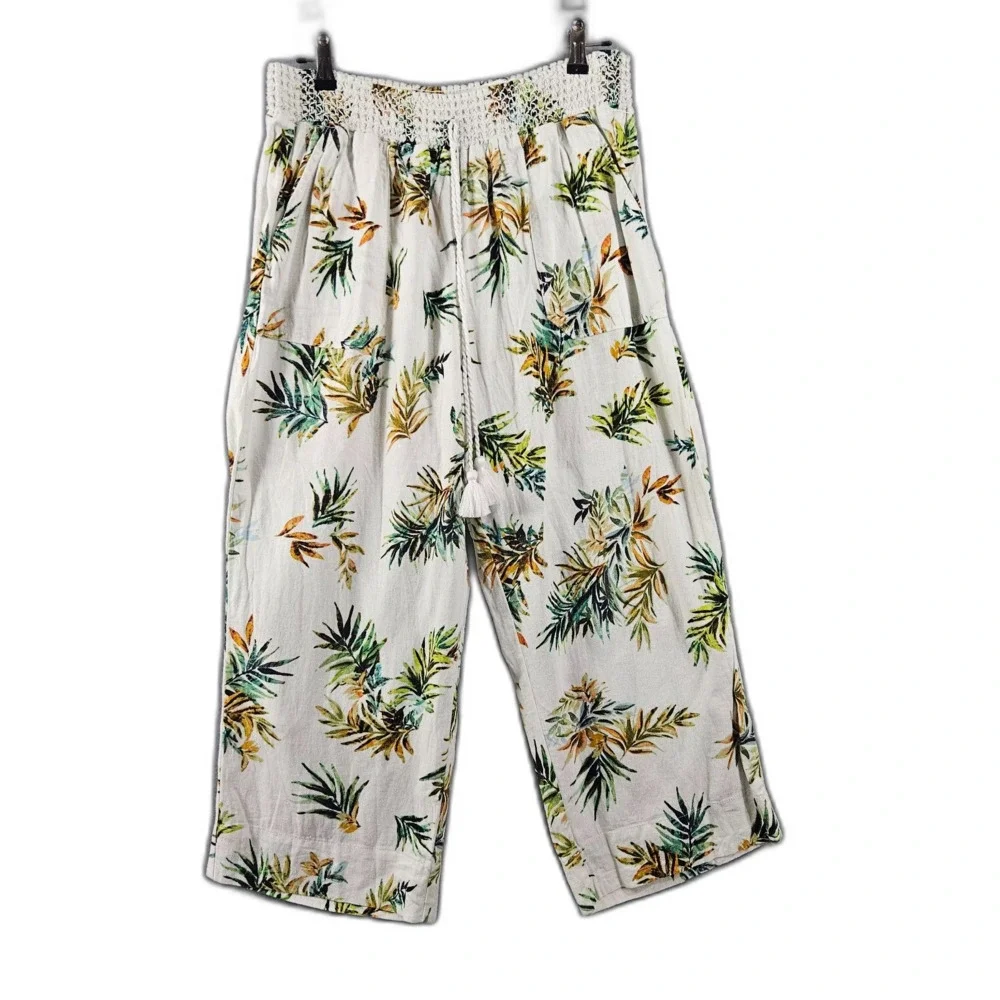 New Westbound XL Linen Blend Pants Hawaiian Print Wide Leg Flowy Shirred Waist